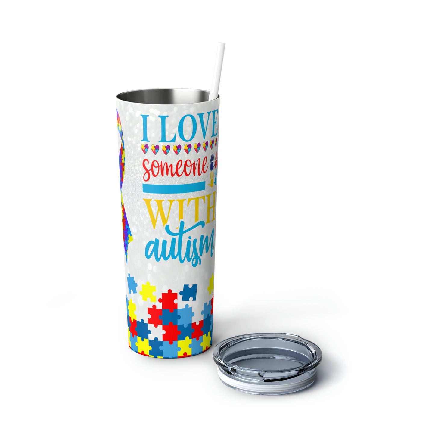 Autism Skinny Steel Tumbler with Straw, 20oz