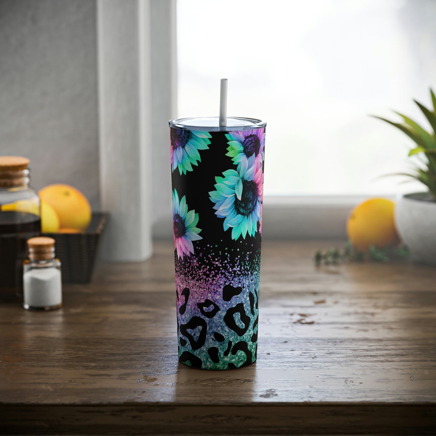 Multi Color Sunflowers & Leopard Print Skinny Steel Tumbler with Straw, 20oz