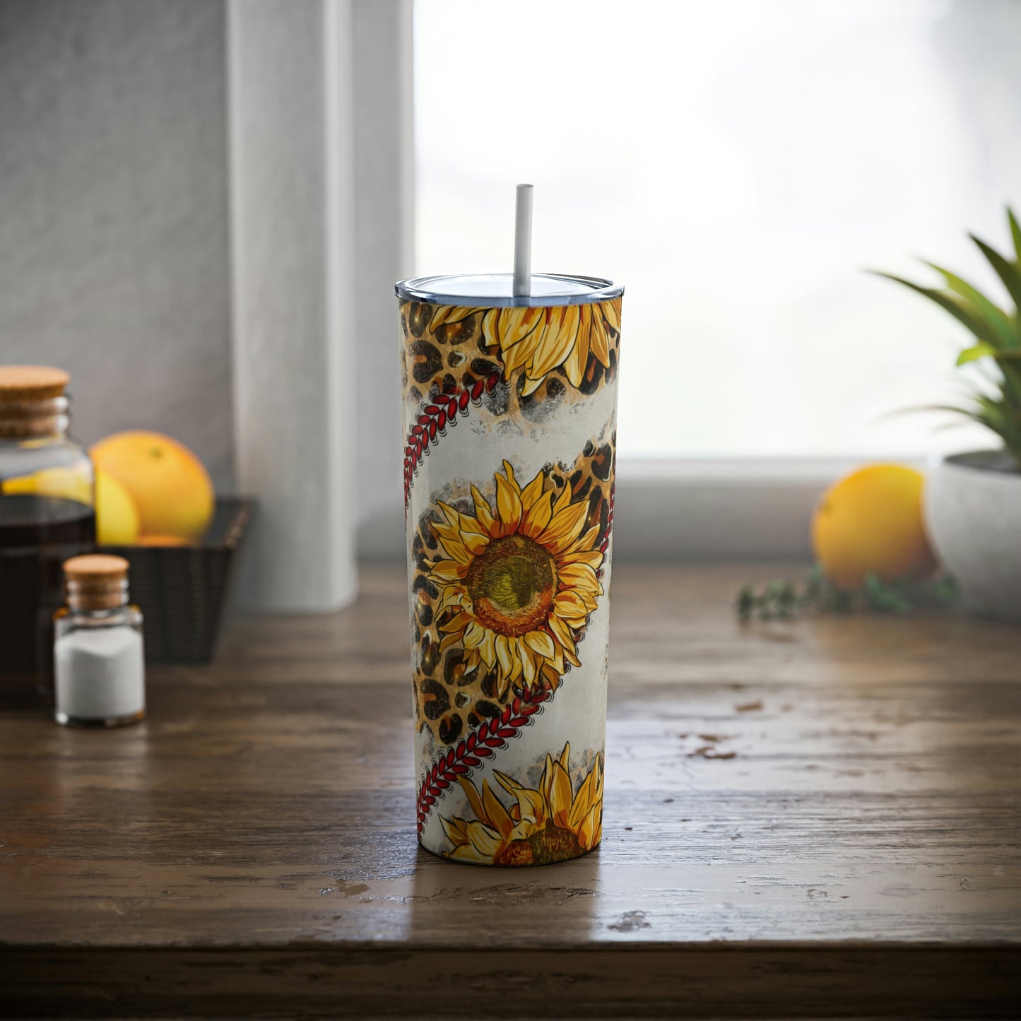 Baseball Sunflower Skinny Steel Tumbler with Straw, 20oz