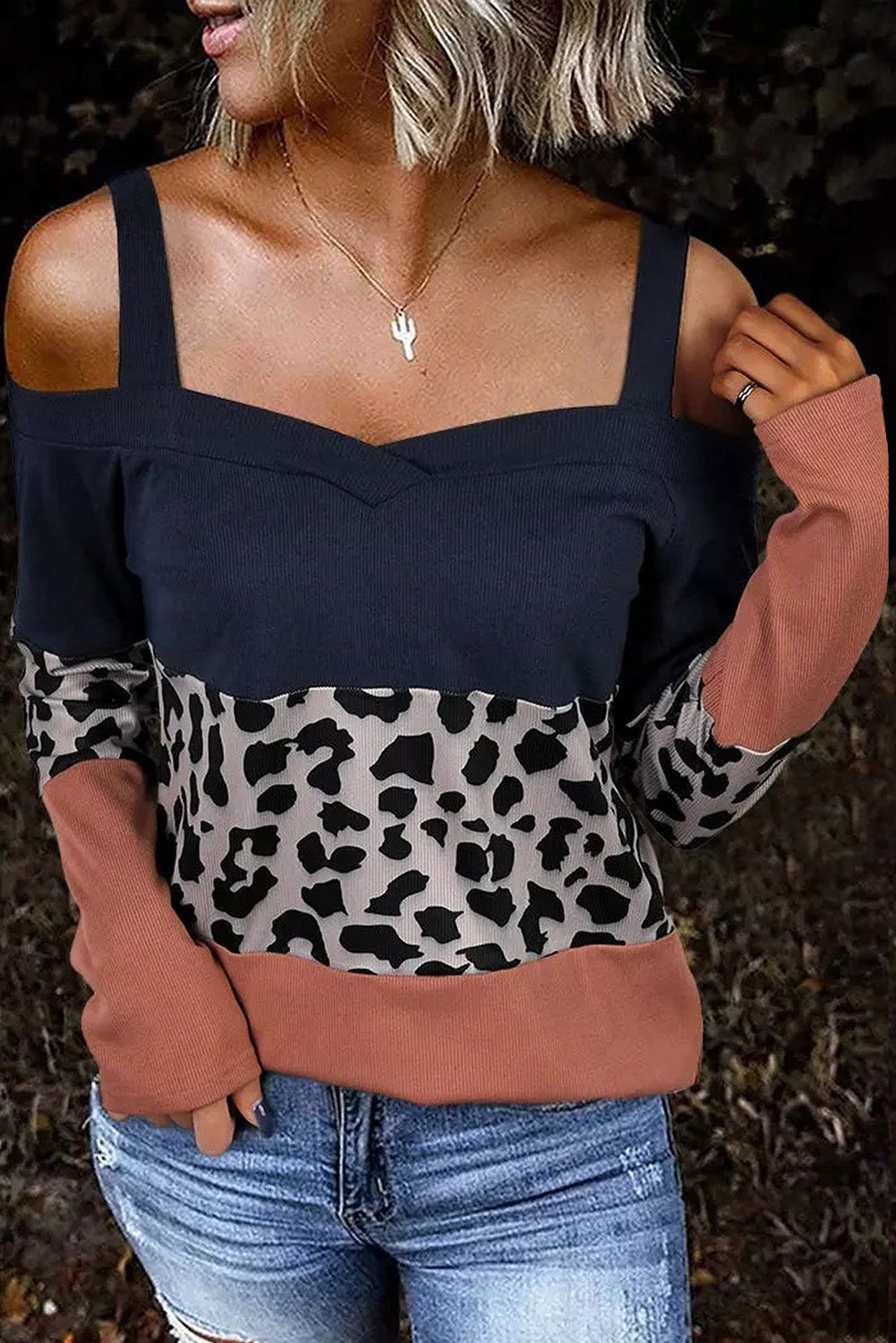 Leopard Color Block Cold Shoulder Top