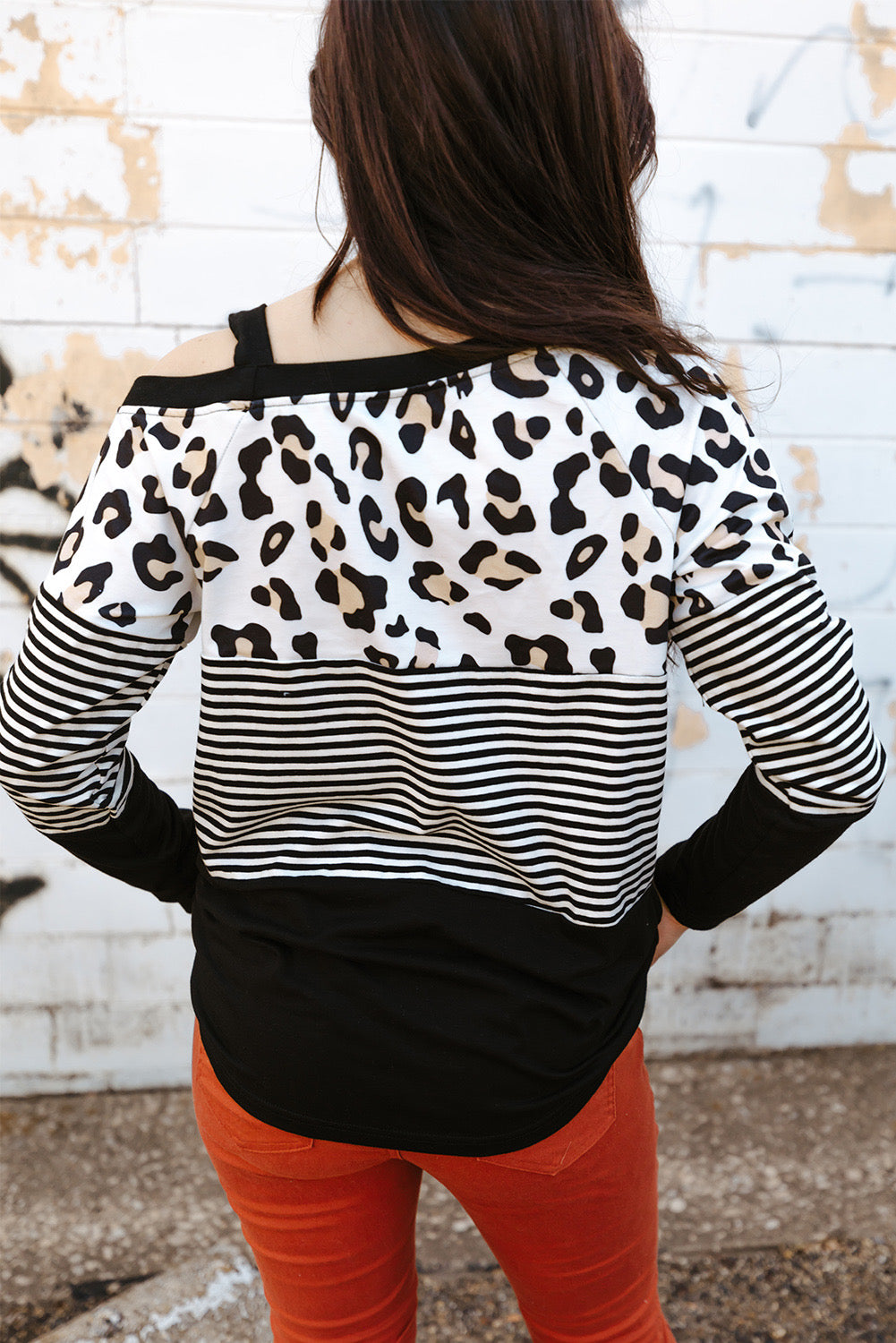 Leopard + Striped Cold Shoulder Top