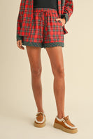 Annie Wear Contrast Plaid Long Sleeve Top and Shorts Set