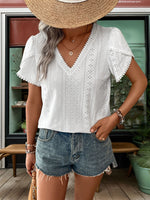 Eyelet V-Neck Petal Sleeve Blouse