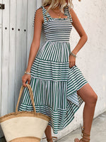 Perfee Smocked Striped Square Neck Midi Dress