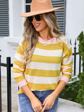 Angel Wings Striped Round Neck Dropped Shoulder Sweater