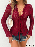 Tied V-Neck Long Sleeve Lace Top