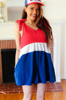 Holiday Ready Red White & Blue Color Block Shoulder Tie Romper