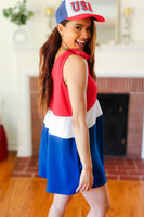 Holiday Ready Red White & Blue Color Block Shoulder Tie Romper