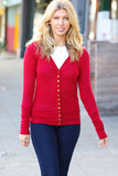 Day On The Town Red Snap Button Rib Cardigan