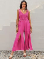 V-Neck Wide Strap Slit Jumpsuit