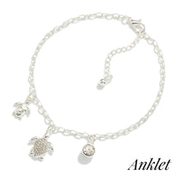 Silver Chain Link Anklet With Sea Turtle Pendants