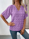 Ivy Lane Swiss Dot Notched Half Sleeve Blouse