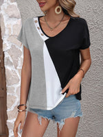 Ivy Lane Color Block Decorative Button V-Neck Tee