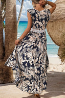 High-Low Printed V-Neck Cap Sleeve Midi Dress