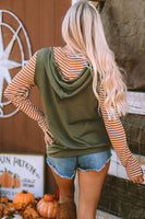 Drawstring Stripe Half Zip Long Sleeve Hoodie