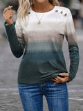 Decorative Button Contrast Round Neck Long Sleeve T-Shirt