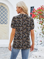 Ruched Printed Notched Short Sleeve Blouse