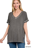 ZENANA WASHED SHORT SLEEVE V-NECK TOP W HI-LOW HEM