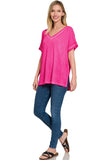 ZENANA WASHED SHORT SLEEVE V-NECK TOP W HI-LOW HEM