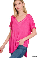 ZENANA WASHED SHORT SLEEVE V-NECK TOP W HI-LOW HEM