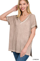 ZENANA WASHED SHORT SLEEVE V-NECK TOP W HI-LOW HEM