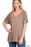 ZENANA WASHED SHORT SLEEVE V-NECK TOP W HI-LOW HEM