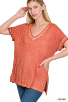 ZENANA WASHED SHORT SLEEVE V-NECK TOP W HI-LOW HEM