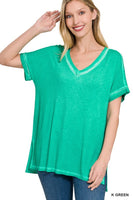 ZENANA WASHED SHORT SLEEVE V-NECK TOP W HI-LOW HEM