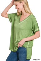 ZENANA WASHED SHORT SLEEVE V-NECK TOP W HI-LOW HEM