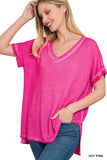 ZENANA WASHED SHORT SLEEVE V-NECK TOP W HI-LOW HEM