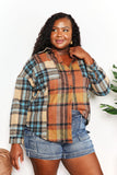 Double Take Plaid Curved Hem Shirt Jacket with Breast Pockets