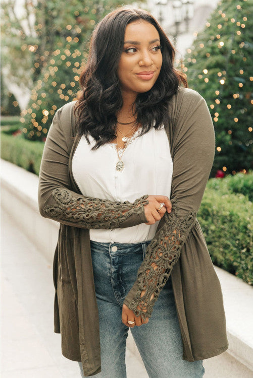 Green Crochet Lace Sleeve Cardigan-Curvy