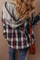 Drawstring Plaid Button Up Hooded Shacket