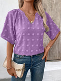 Ivy Lane Swiss Dot Notched Half Sleeve Blouse