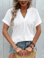 Eyelet Notched Short Sleeve Blouse