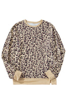 Slit Leopard Round Neck Long Sleeve Sweatshirt