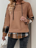 Perfee Drawstring Slit Plaid Long Sleeve Hoodie