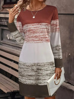 Color Block Round Neck Long Sleeve Dress