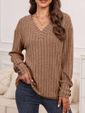 Ribbed V-Neck Long Sleeve T-Shirt