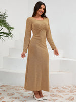 Ruched Round Neck Long Sleeve Dress