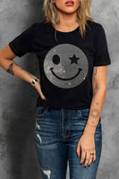 Rhinestone Smiley Round Neck Short Sleeve T-Shirt