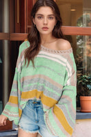 Contrast Striped Boat Neck Dropped Shoulder Sweater