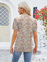 Ruched Printed Notched Short Sleeve Blouse