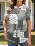 Printed Notched Short Sleeve Blouse