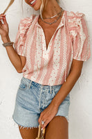 Ruffled Printed Tie Neck Short Sleeve Blouse