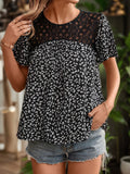 Lace Detail Floral Round Neck Short Sleeve Blouse