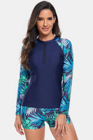 Printed Quarter Zip Long Sleeve Two-Piece Swim Set