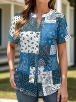 Printed Notched Short Sleeve Blouse