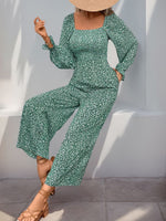 Perfee Smocked Printed Long Sleeve Wide Leg Jumpsuit