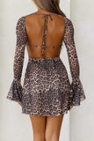 Backless Leopard Flare Sleeve Dress